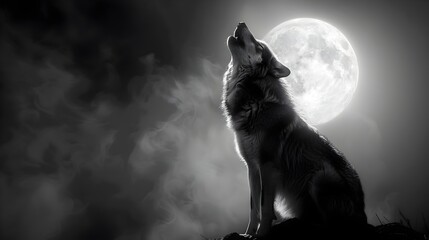 Wolf howling in front of moon with clouds in the background 