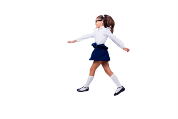 First day at school concept. Full length, legs, body, size profile side view of lovely, sweet, adorable small girl step on new lessons isolated on light gray background with copy space for text