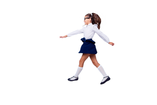 First day at school concept. Full length, legs, body, size profile side view of lovely, sweet, adorable small girl step on new lessons isolated on light gray background with copy space for text