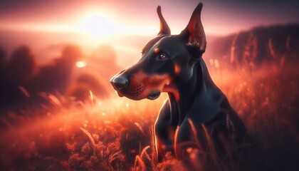 Dobermann im Sonnenuntergang