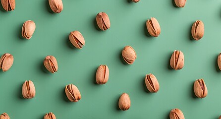 Fototapeta premium Shelled Pistachios Arranged in a Pattern on Green Background