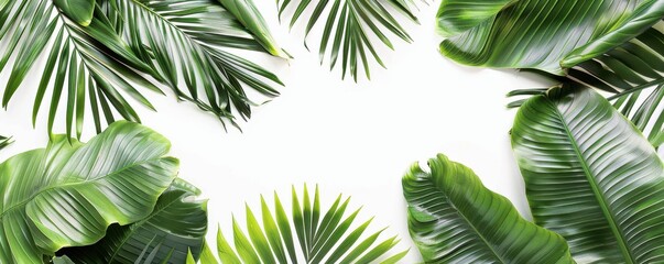 A bunch of green leaves are arranged in a circle on a white background. The leaves are of different sizes and shapes, creating a sense of depth and movement. Free copy space for text.