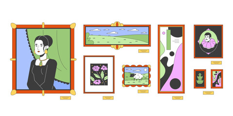 Famous paintings for art gallery 2D linear cartoon objects set. Exhibition artwork isolated line vector elements white background. Masterpiece picture frames color flat spot illustration collection