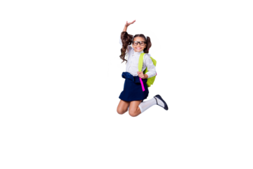 Funky nice cute genius positive cheerful lovely small little girl with curly pigtails in white formal blouse shirt, skirt, jumping, raising hand up, fooling, yellow bag. Isolated over grey background