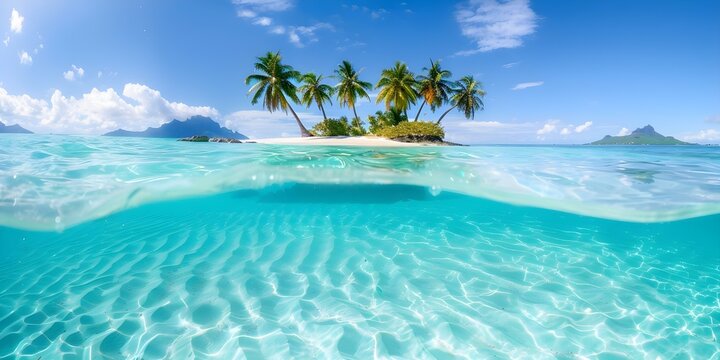 Underwater Split View of Palm Trees on a Tropical Island in Bora Bora. Concept Landscapes, Tropical Paradise, Underwater Photography, Split View, Palm Trees