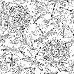 Seamless pattern with sun, flying butterflies, dragonfly. Black and white peaceful summer illustration. Groovy, boho, hippie style, kids design