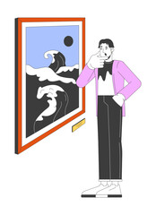 Asian man looking at japanese painting masterpiece 2D linear cartoon character. Guy enjoying museum artwork isolated line vector person white background. Gallery visitor color flat spot illustration