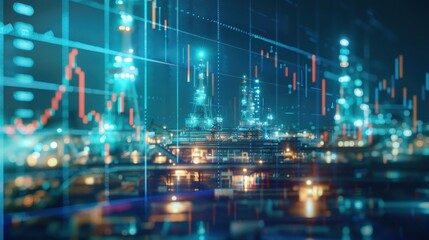 Fototapeta premium A double exposure of oil pump jacks with digital graphs and charts, illustrating the concept of energy trading on stock markets or neon light hologram displays in a blue sky background.
