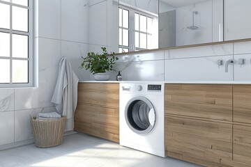 Modern laundry room with washing machine and wooden cabinets