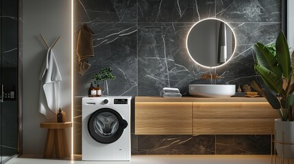 Modern bathroom with washing machine and wooden vanity