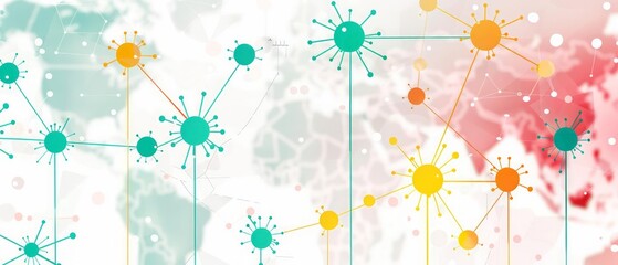 Analyzing data from multiple map pins helps scientists track the spread of infectious diseases, represented with a medical icon in pastel colors