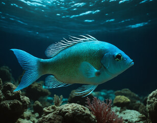 Naklejka premium Blue Fish Swimming in Ocean with Rocky Background