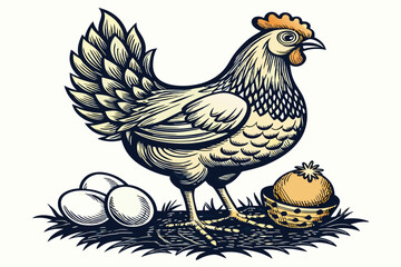 chicken hen with nest eggs vintage.eps