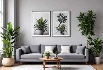 Warm and Cozy Composition of spring living room interior with mock-up poster frame, wooden sideboard, white sofa, green stand, base with leaves, plants, and stylish lamp.Generative AI