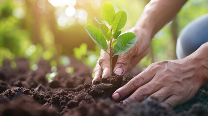 Hands planting a tree in a green park, ESG, environmental stewardship