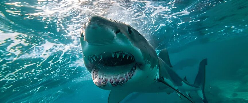 Ocean shark bottom view from below. Open toothy dangerous mouth with many teeth. Underwater blue sea waves clear water shark swims forward 