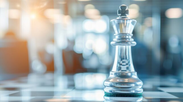 Close-up of a chess piece with a conference room setting in the background, double exposure, business tactics