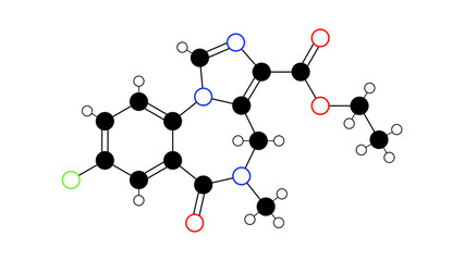 flumazenil molecule, structural chemical formula, ball-and-stick model, isolated image flumazepil