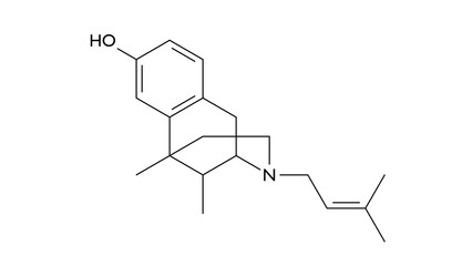 Fototapeta premium pentazocine molecule, structural chemical formula, ball-and-stick model, isolated image synthetic opioids