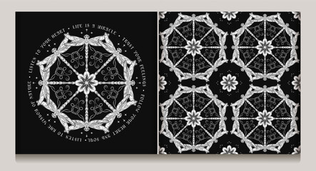 Monochrome pattern, label with circular ornament like mandala with chamomile flower in center, fantasy dragonfly with curled antennae. Inspirational text. Black background Art Nouveau style.