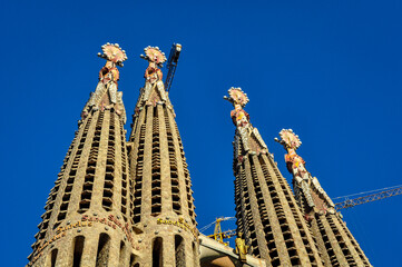 Towers of the Passion façade of the Sagrada Familia basilica on an afternoon in 2010 (Barcelona, Catalonia, Spain)