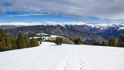 Views from the summit of Cap del Verd, the highest point of the Serra del Verd, snowy in winter (Berguedà, Catalonia, Spain, Pyrenees)