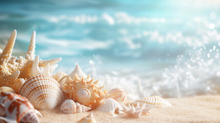 Seashells on the sand beach with sea waves 