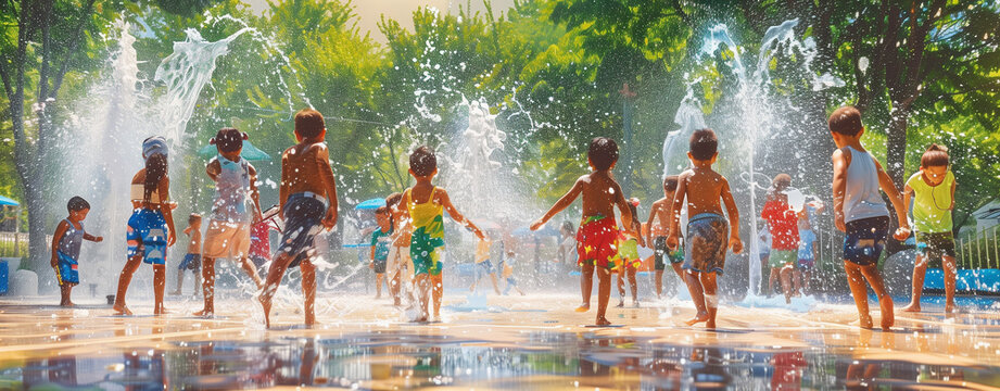 Kids of different backgrounds having fun at a splash pad, embodying childhood joy and diversity. Great for summer camp ads, family-oriented marketing, and community programs.