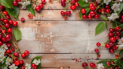 many red and healthy cherry fruits on background with old textured wooden boards