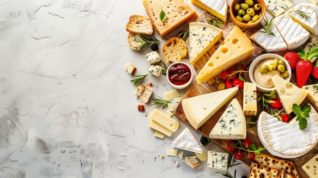 many different types of cheese on a textured background