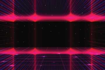 Retro Futurism Sci-Fi Background. glowing neon grid. and stars from vintage arcade computer games