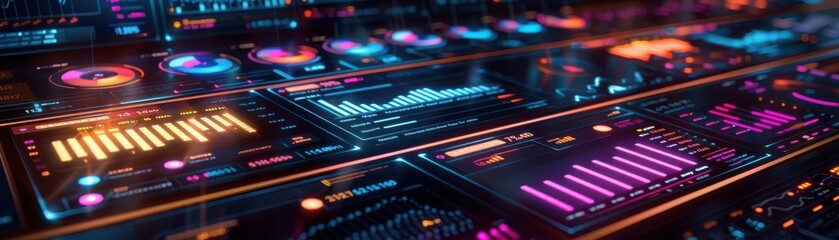 Obraz premium 3D digital dashboard, vibrant holographic charts, high-tech interface, glowing elements, futuristic design, seamless interaction