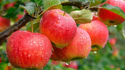 fresh, healthy and ripe red apples hanging on a branch of an apple tree