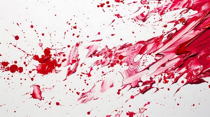 Intriguing patterns formed by vibrant ruby paint splatters on a clean white canvas.
