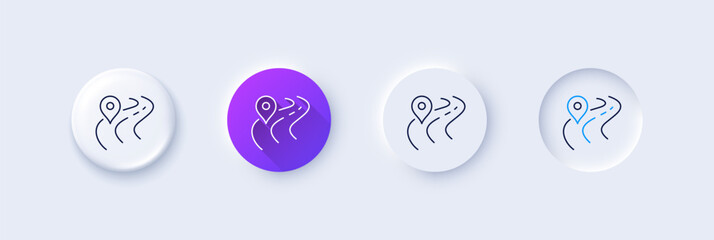 Road line icon. Neumorphic, Purple gradient, 3d pin buttons. Journey path sign. Highway route gps symbol. Line icons. Neumorphic buttons with outline signs. Vector