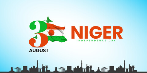 Creative Vector illustration of Niger Independence Day by Niger flag bids monuments and typography logo lettering background,  Independence Day in the Republic of Niger is commemorated on 3 August.