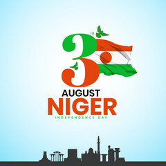 Creative Vector illustration of Niger Independence Day by Niger flag bids monuments and typography logo lettering background,  Independence Day in the Republic of Niger is commemorated on 3 August.