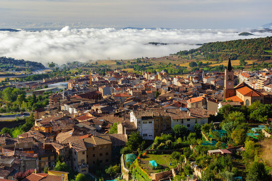 Berga city in the morning with low clouds (Bergued&agrave;, Barcelona, Catalonia, Spain)