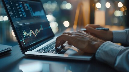 Close-up of a financial advisor conducting analysis on a laptop, wealth management, photorealistic details, modern office, precise lighting, focused expression, high resolution