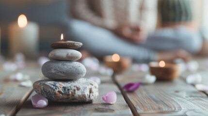 A stack of stones with a lit candle on top, surrounded by candles and flower petals on a wooden floor