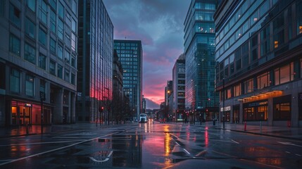 Fototapeta premium A view of the International Financial Services District at dusk in Glasgow, Scotland