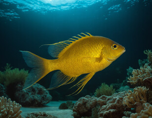 Yellow Fish Swimming in Ocean Among Coral Reefs