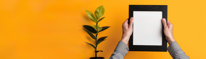 Obraz premium A hand holding a blank frame against a yellow wall with a plant in the background.