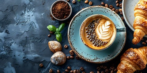Topdown view of a creative breakfast design with coffee and croissant. Concept Creative Breakfast Design, Topdown View, Coffee and Croissant, Food Photography, Morning Vibes