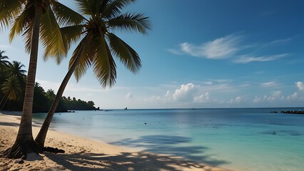 Tropical beach with palm trees, white sand, clear turquoise water and blue sky.  Perfect for vacation or travel  background.