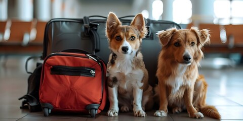 Pets excitedly waiting with luggage at airport terminal for vacation travel. Concept Pets, Travel, Airport, Excitement, Vacation