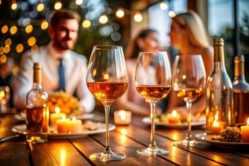 Elegant dinner with wine glasses, candles, and festive decorations, creating a cozy atmosphere.