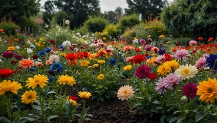 Obraz premium A garden where each flower blooms in a different color, telling the story of their unique journey ai_generated