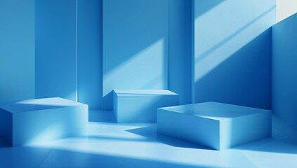 Fototapeta premium A dynamic abstract image featuring various blue cubes floating in a minimalist blue background