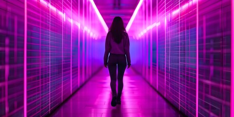 A figure in neonlit corridor exploring digital virtual reality screens in cyberpunk. Concept Cyberpunk, Neon Lights, Virtual Reality, Futuristic, Exploration